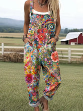 Women's Vintage Floral Pattern Art Print Casual Cotton Linen Wide Leg Jumpsuit